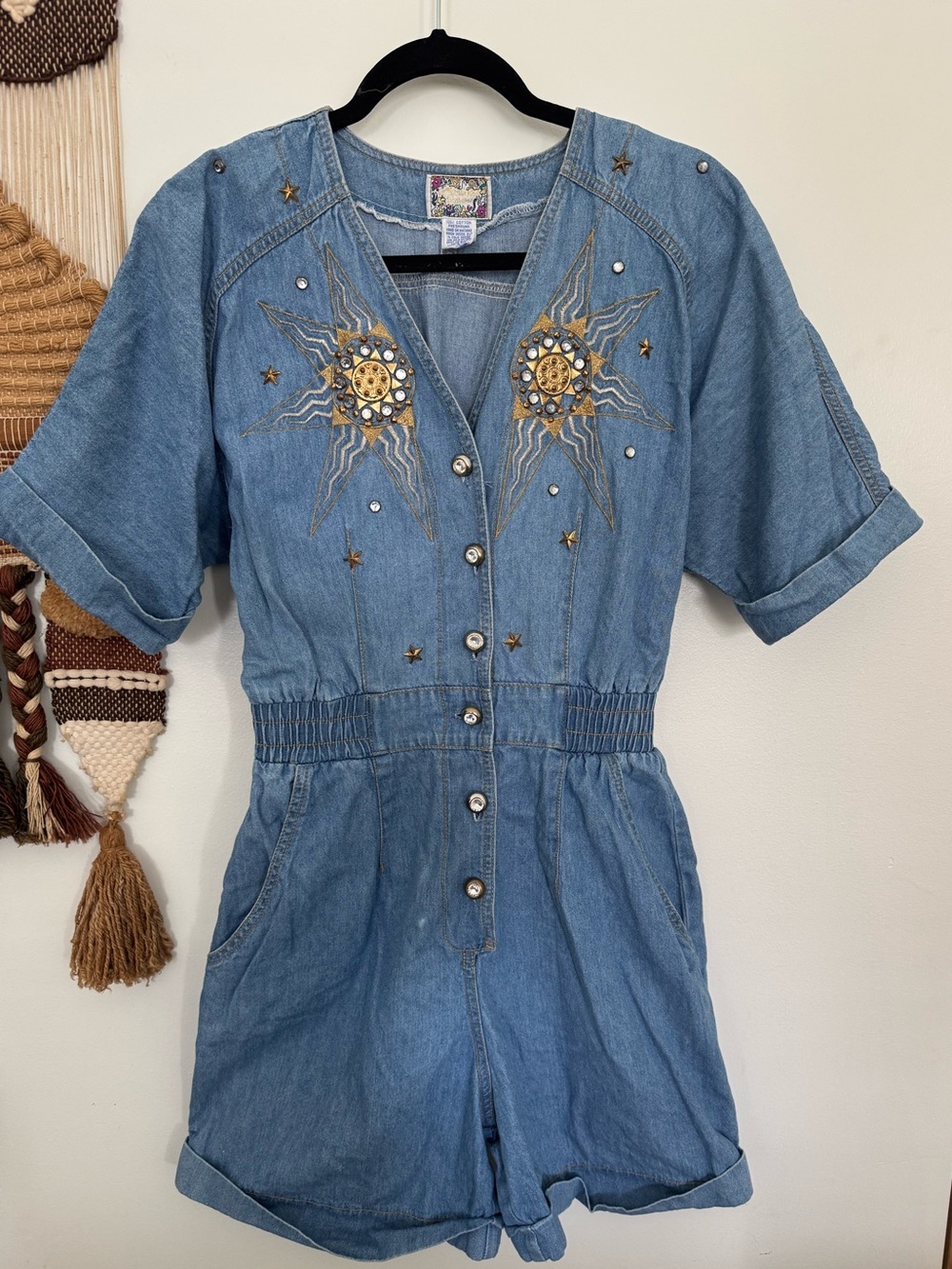 Vintage 80s Monique Fashions Womens Denim One Piece Short Jumpsuit Romper /SZ 10